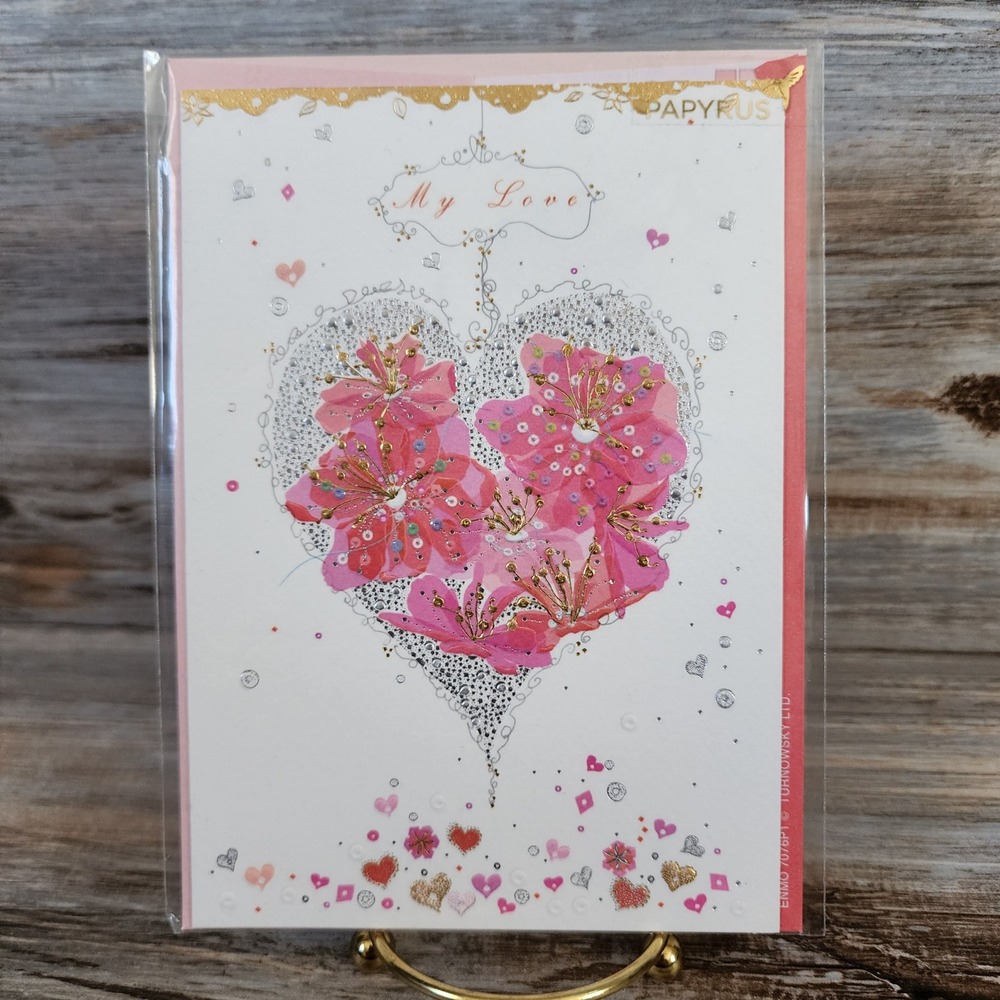 Papyrus My Love Greeting Card Turnowsky Pink Floral Heart Glitter Gold Foil New